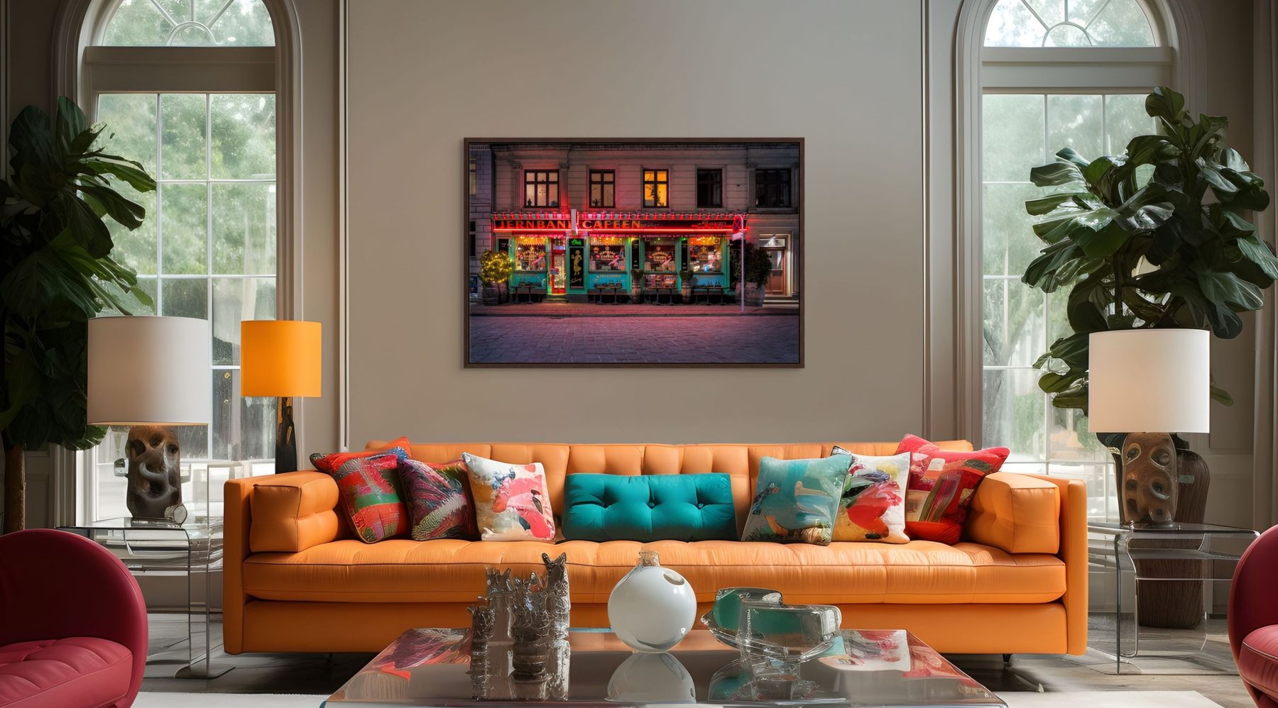 Mockup af kunstværket "Jernbanecafeen" af Surland & Vesterager. Billedet hænger på en beige væg i et farverigt stilet hjem med orange lædersofa, røde lænestole og puder i irgrønne og røde nuancer.