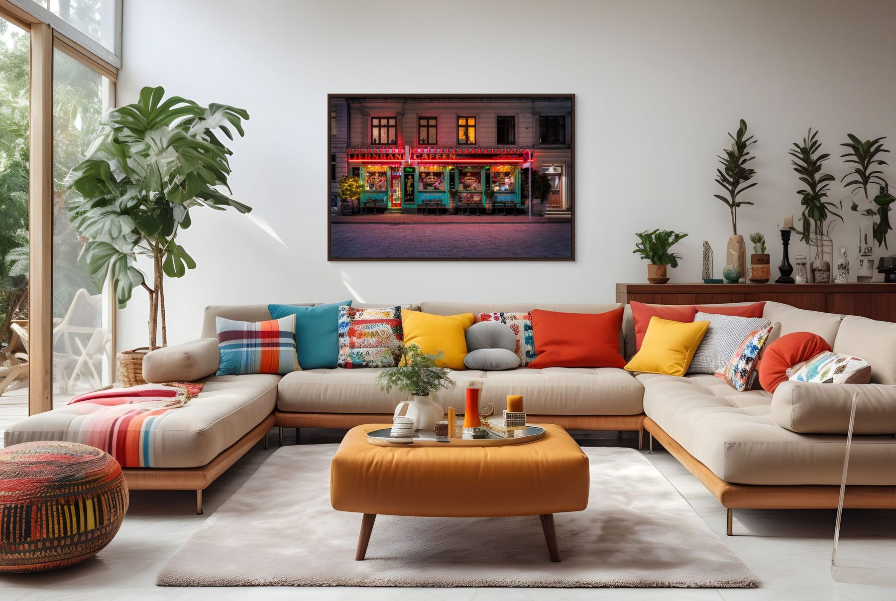Mockup af kunstværket "Jernsbanecafeen" af Surland & Vesterager. Billedet hænger i en både markant og hyggelig sofastue med farverige og mønstrede puder i turkis, orange og gule nuancer i sofaen, marokkopude og en stor sennepsgul puf.