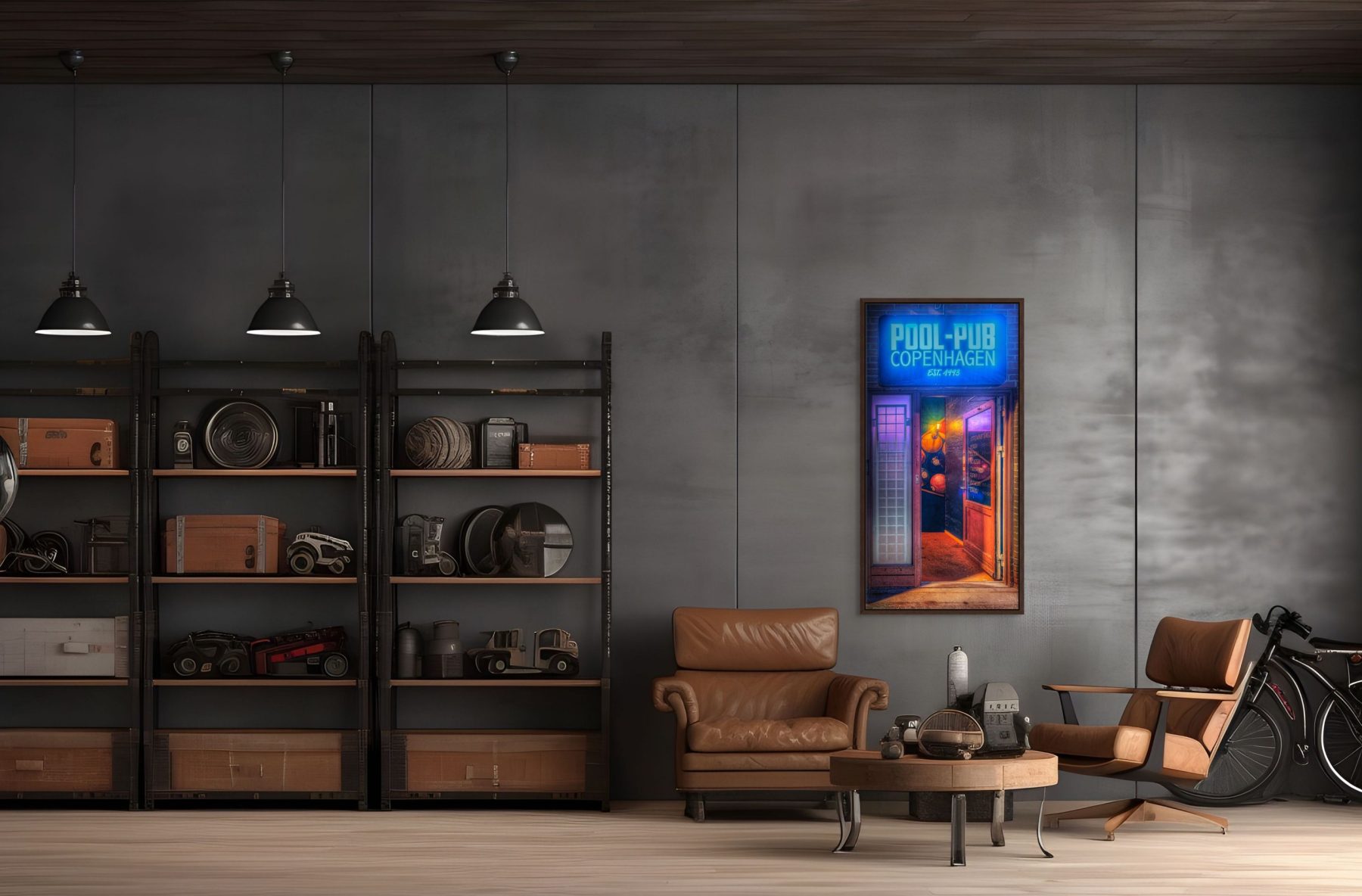Mockup af kunstværket "Pool Pub Copenhagen" på en fed rå betonvæg med brune læderlænestole foran.