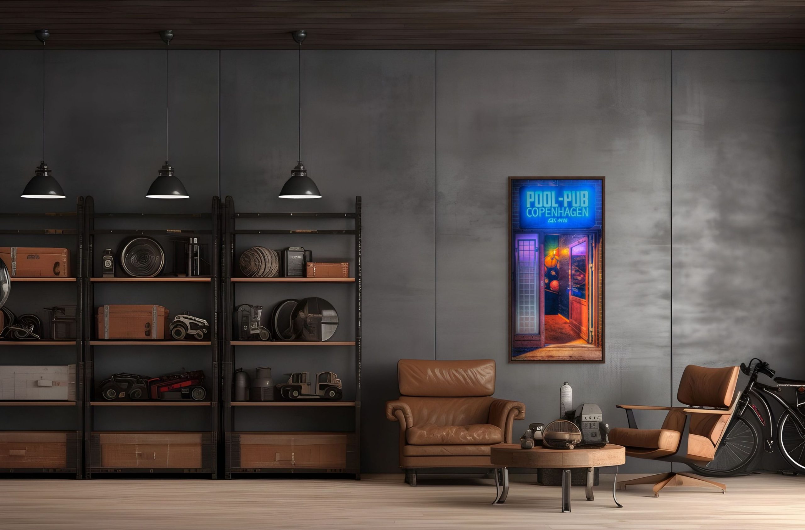 Mockup af kunstværket "Pool Pub Copenhagen" på en fed rå betonvæg med brune læderlænestole foran.