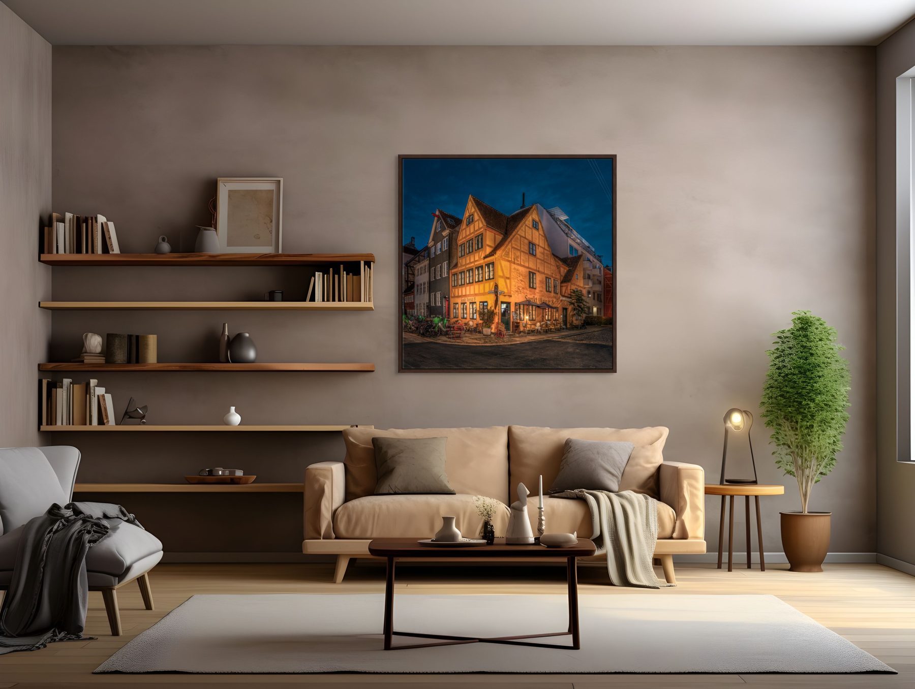 Mockup af kunstværket "Sankt Annæ 8". Det kvadratiske kunstævrk hænger i en lys stue med en beige sofa.