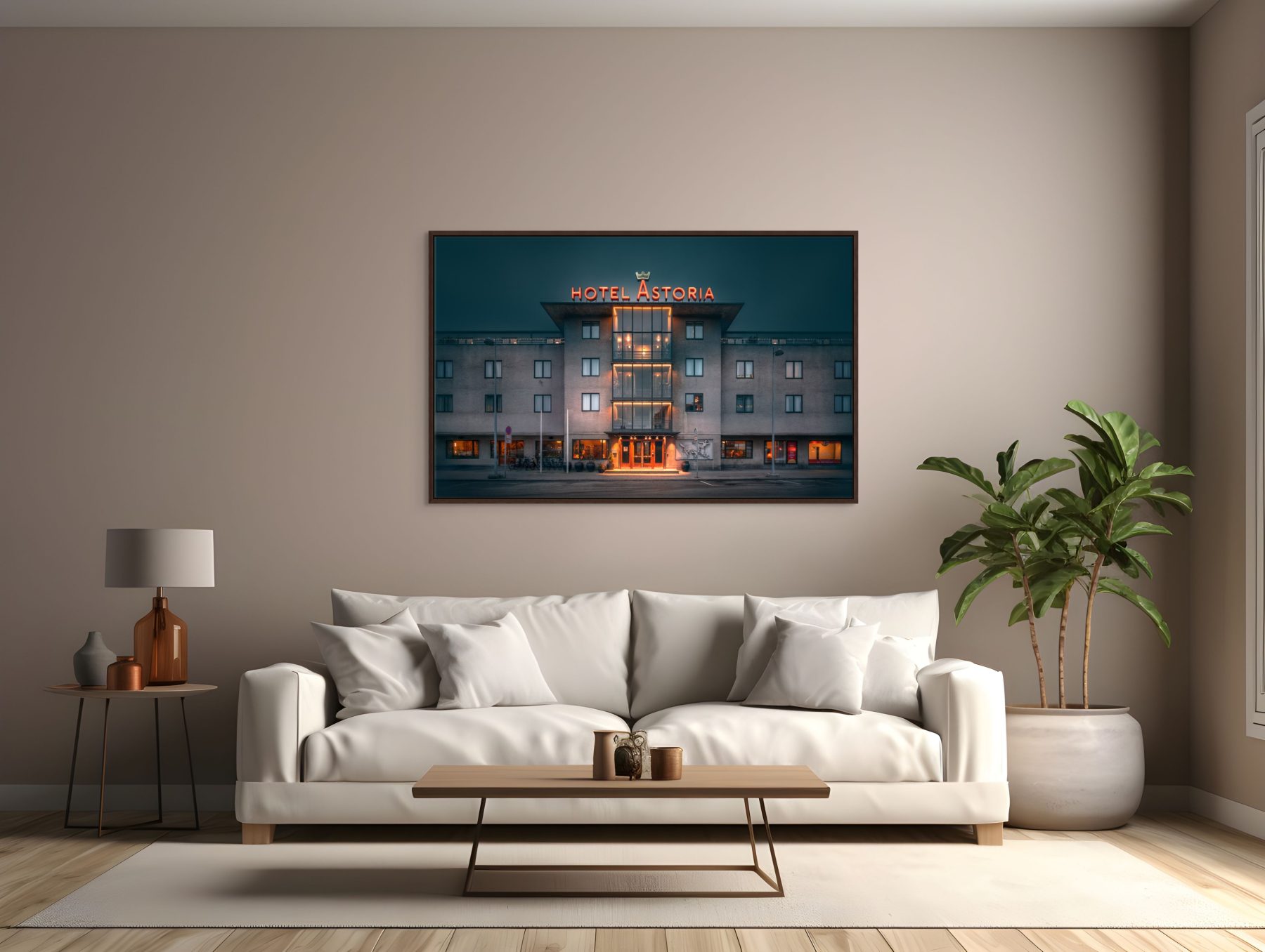 Mockup af kunstværket "Shadow of the Past", der hænger på en væg med en lys sofa foran.