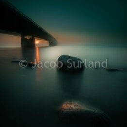 A long exposure photo of the Great Belt Bridge in Denmark.