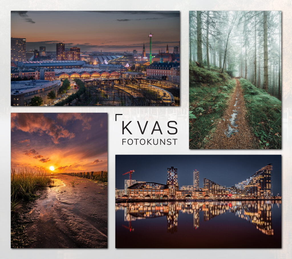 KVAS fotokunst er et samarbejde mellem fire danske kunstfotografer. Surland & Vesterager fra København, har her et billede af Københavns skyline med hovedbanegården i forgrunden. Christian Breinbjerg fra Søhøjlandet har et billede af en skovsti. Lars Roed fra Vadehavet har et billede af marsken og Henrik Woer har et billede af Aarhus skyline.